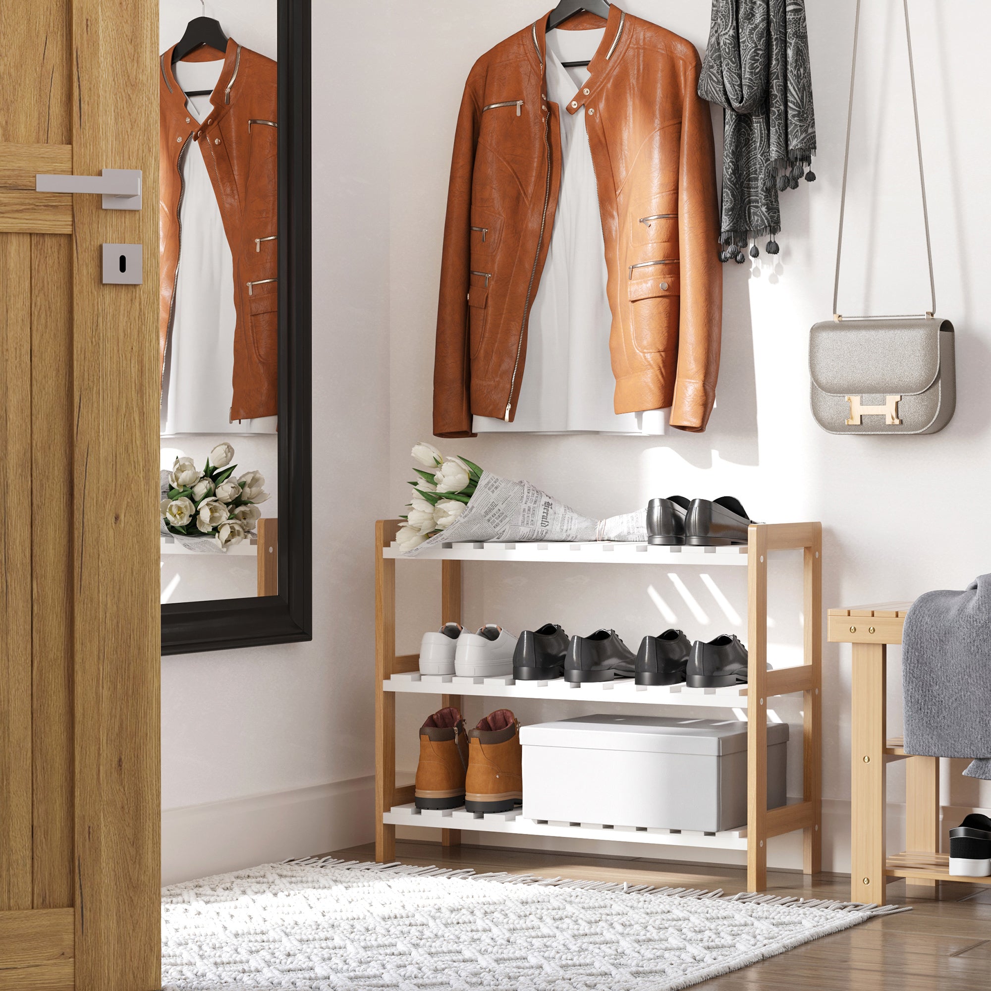 3-Tier Shoe Rack Wood Frame Slatted Shelves Spacious Open Hygienic Storage Home Hallway Furniture Family Guests 70L X 26W X 57.5H Cm - Natural