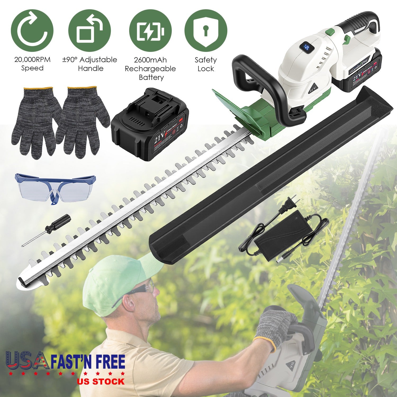 20in Cordless Hedge Trimmer For Spring Garden 21V Handheld Bush Trimmer Electric Grass Shrub Trimmer With Dual Action Blades 0.6in Cutting Diameter Safety Lock 90 Degree Adjustable Handle For Spring